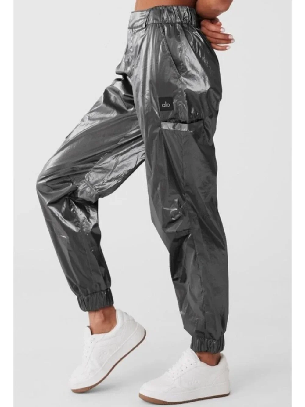 Alo Metallic High-Waist Break Line Joggers Silver Chrome Shiny Hi-Rise Waisted S